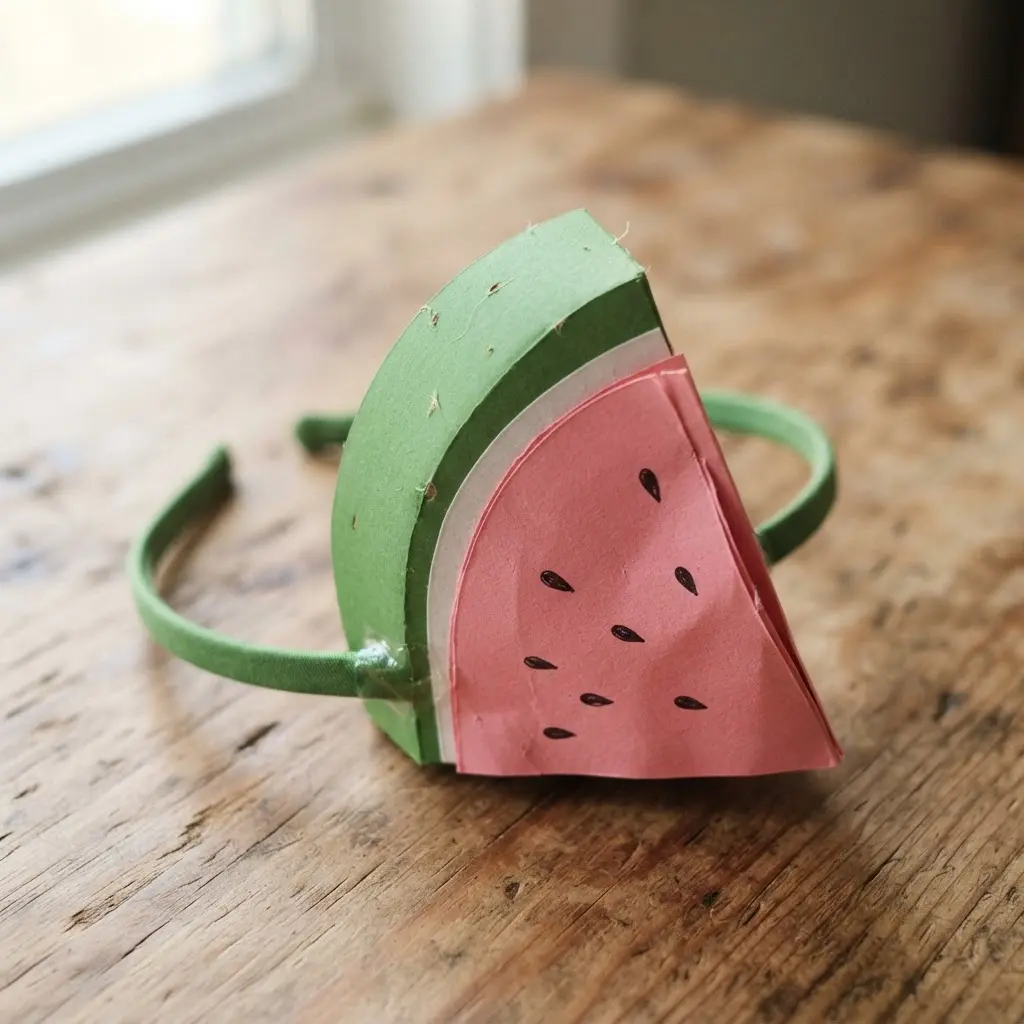 A tiny, detailed watermelon wedge made from cardstock attached to a simple green headband.