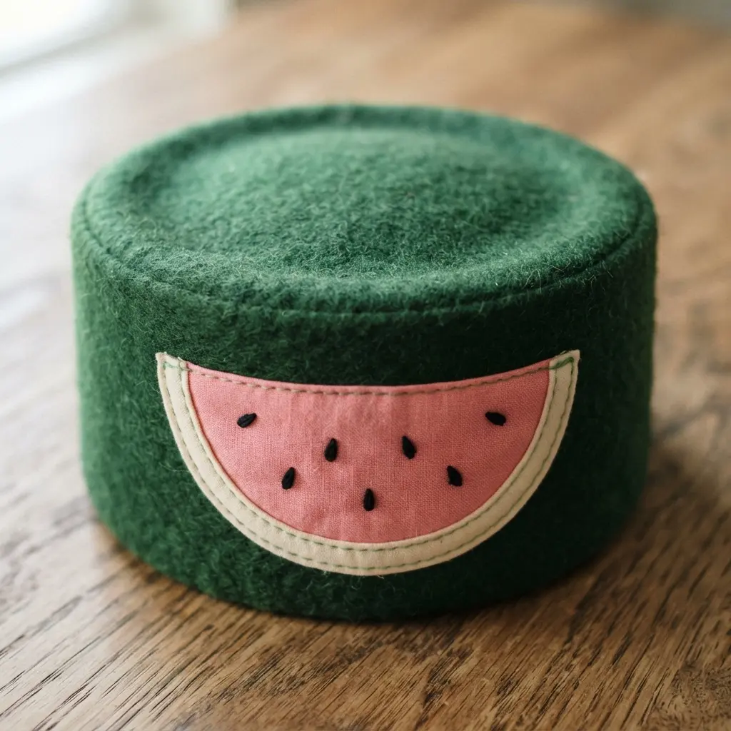 A round, green felt pillbox hat with a large pink fabric watermelon slice applique on the front.