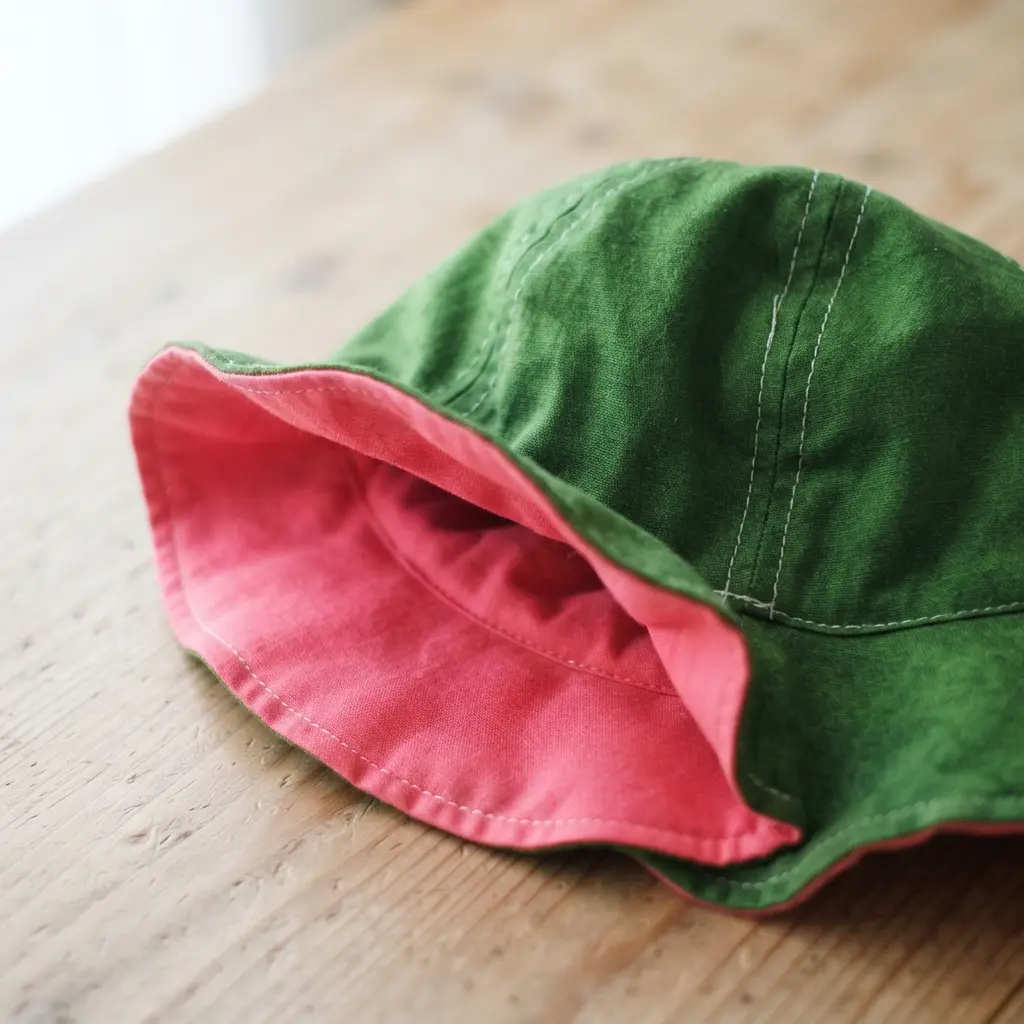 A simple bucket hat for a child made from reversible fabric showing a watermelon slice pattern.