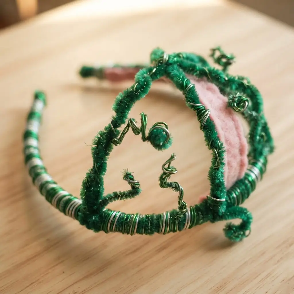 A headband decorated with twisted green pipe cleaners creating a three-dimensional watermelon rind effect.