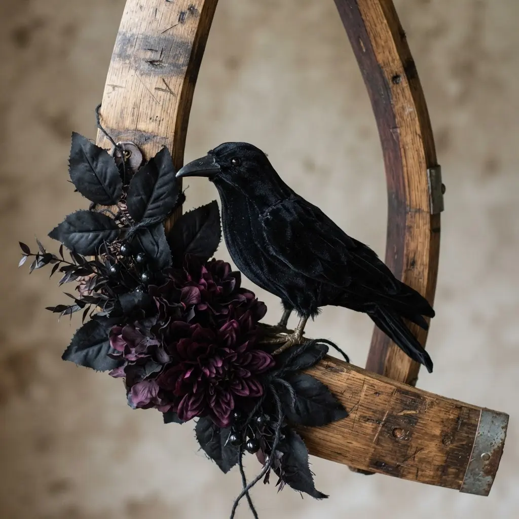 A rustic oak wine barrel stave with a black velvet raven perched on it against a dark background.