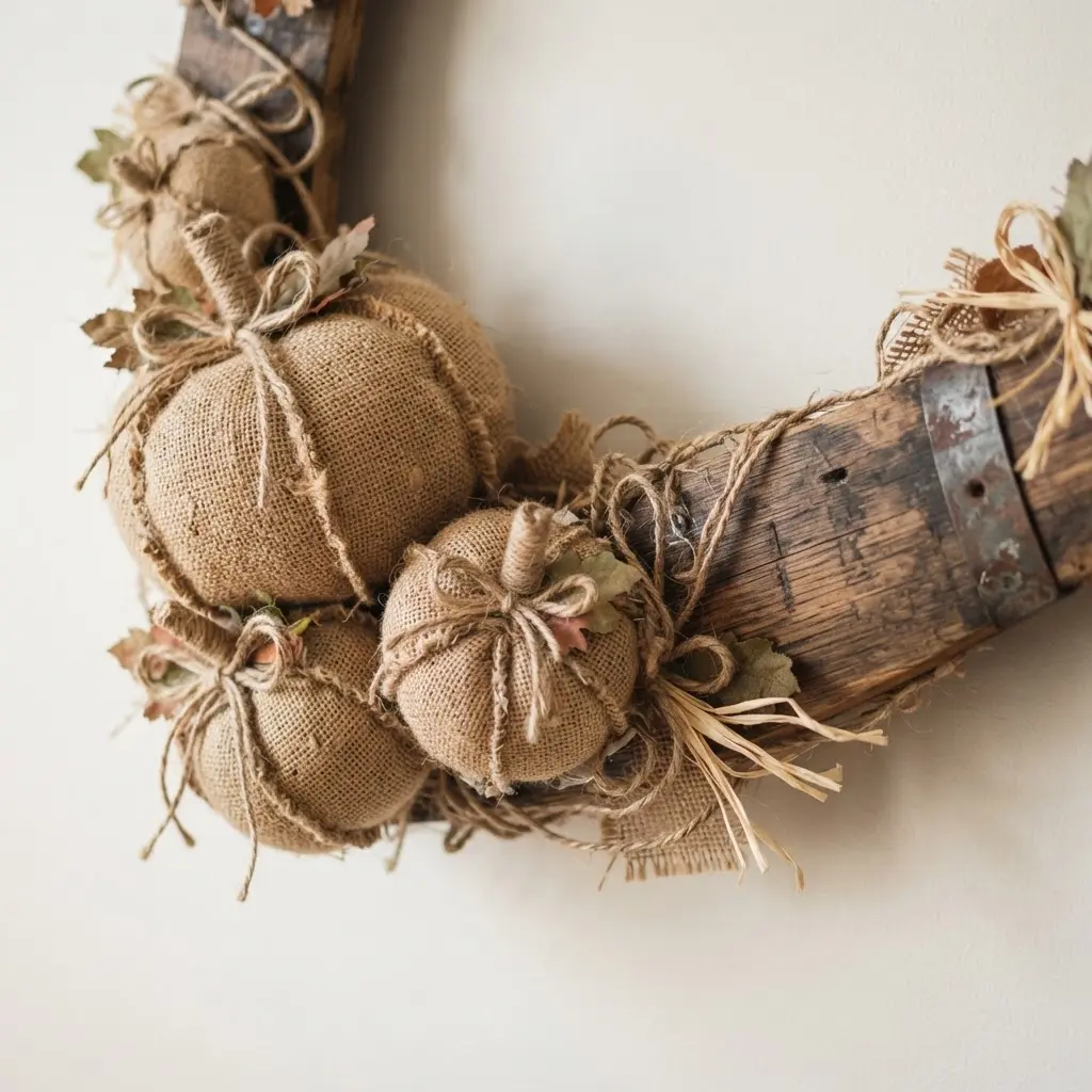 A weathered wine barrel stave wreath with handmade burlap pumpkins and natural twine accents.
