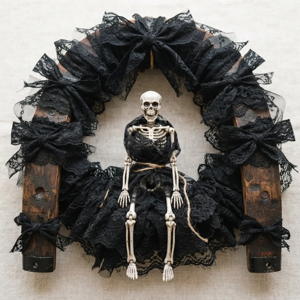 A dark-stained wine barrel stave adorned with black lace and a small decorative skeleton.