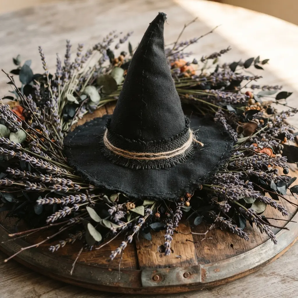 A pointed black witch hat attached to a wine barrel stave, surrounded by dried lavender and twigs.
