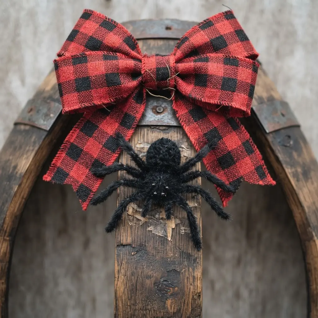 A red and black buffalo plaid bow and a fuzzy black spider on a natural wood wine barrel stave.