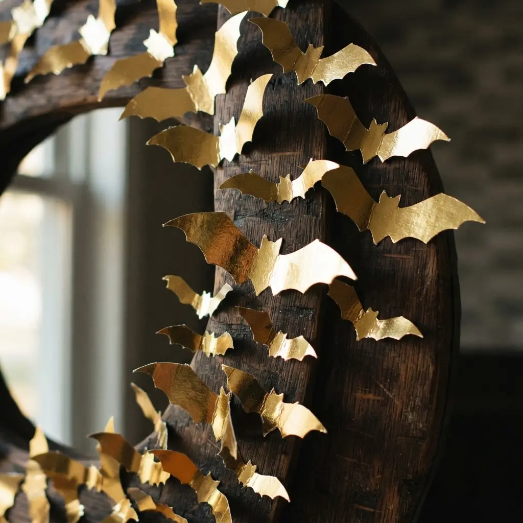 Shimmering gold foil bats arranged in a flight pattern across a curved wine barrel stave.