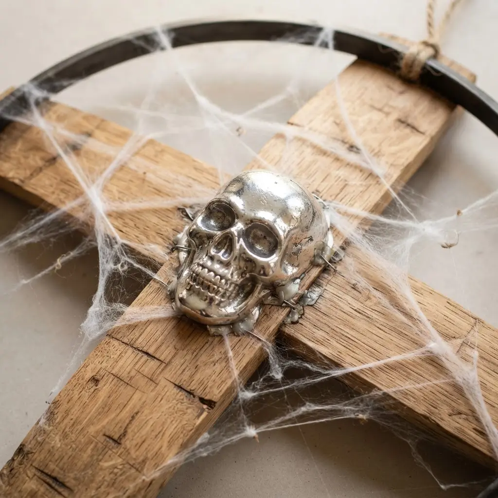 A polished silver skull and strands of faux cobweb stretched across a light oak wine barrel stave.