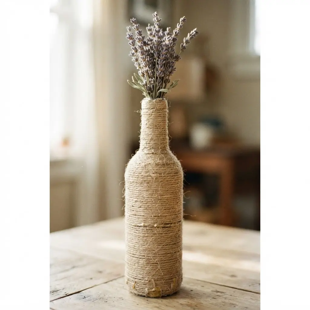 A clear wine bottle wrapped in rustic twine, serving as a vase for dried lavender and eucalyptus.