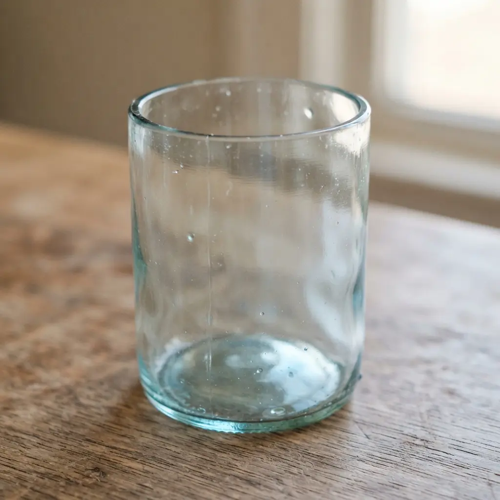A wine bottle cut near the base and polished smooth to form a stylish tumbler glass.