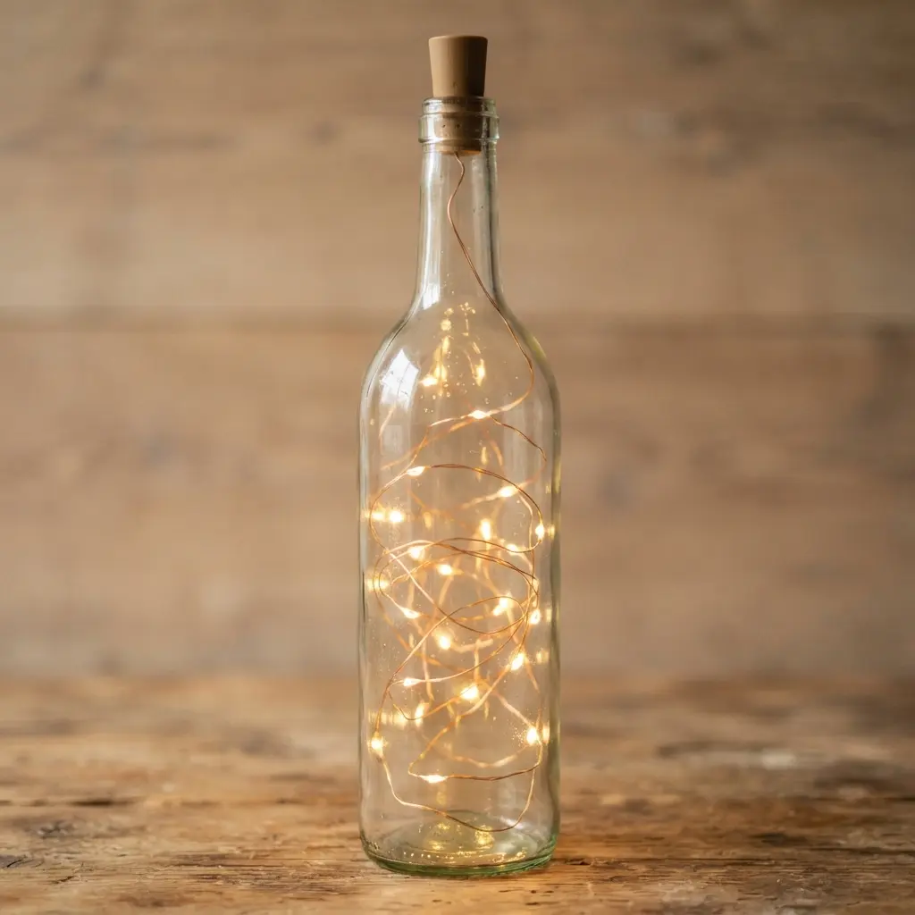 A clear wine bottle filled with warm white LED fairy lights creating a soft, ambient glow.