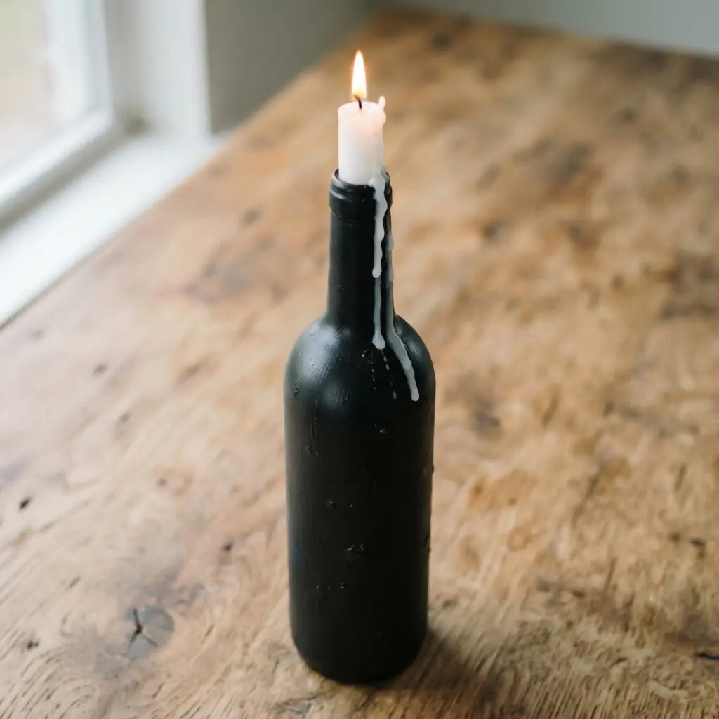 A tall wine bottle with a smooth matte black finish, holding a single white taper candle.