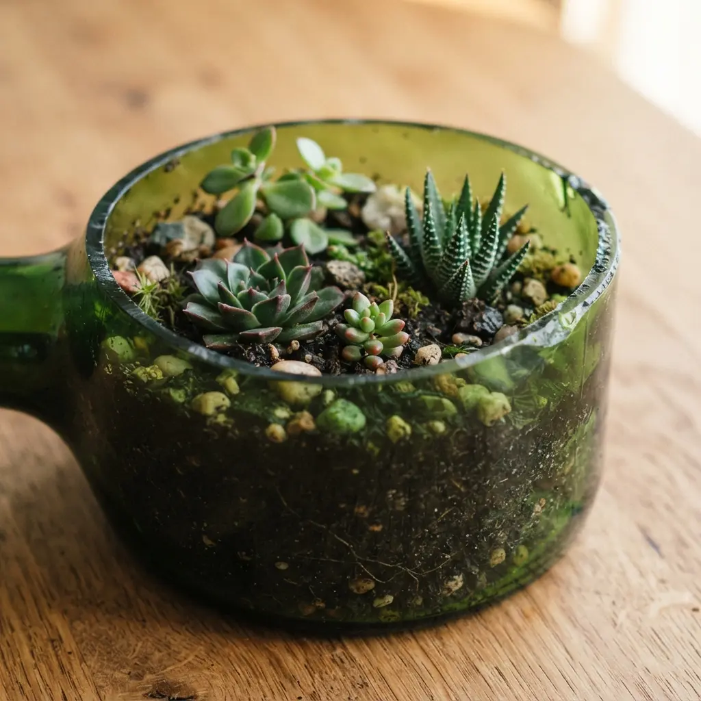 A wine bottle cut and polished to create an open terrarium filled with assorted succulents.