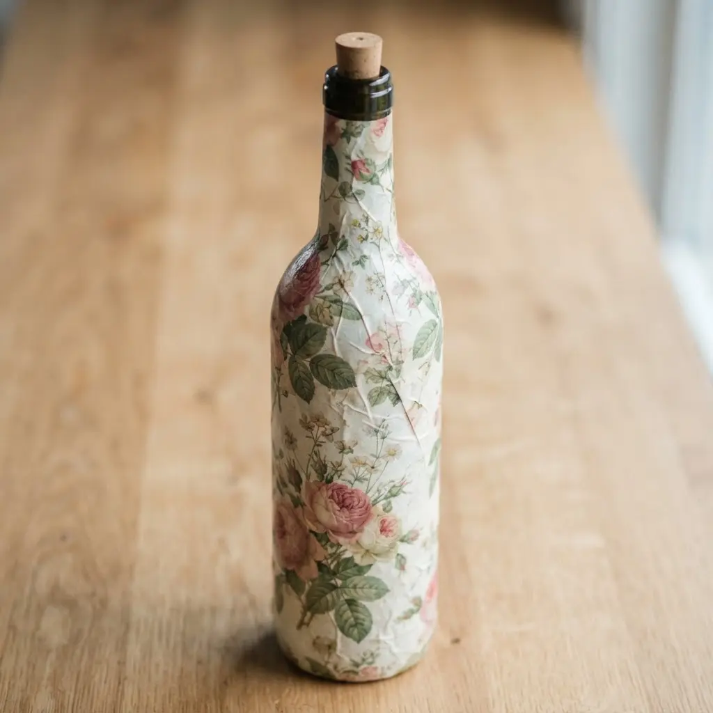 A wine bottle decorated with decoupage featuring delicate vintage floral illustrations.