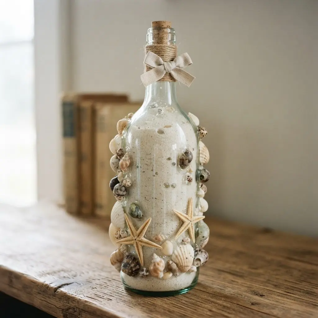 A pair of wine bottles filled with sand and adorned with starfish and shells, holding books upright.