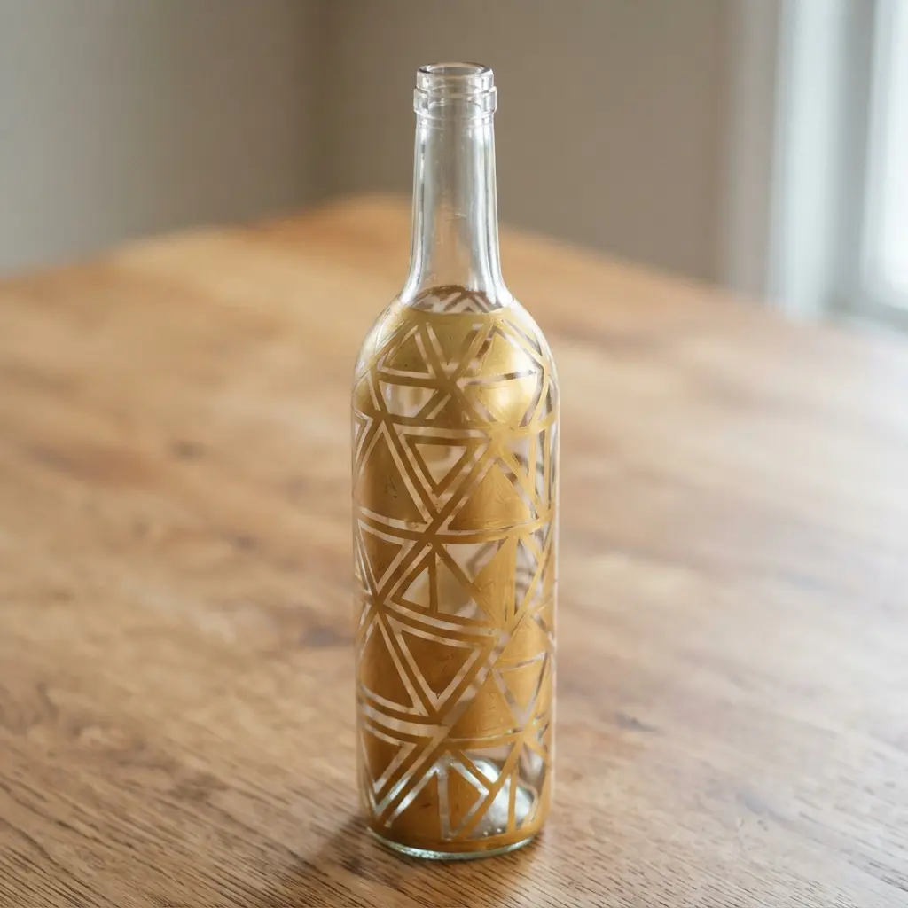 A clear wine bottle featuring a sharp, modern geometric pattern in metallic gold paint.