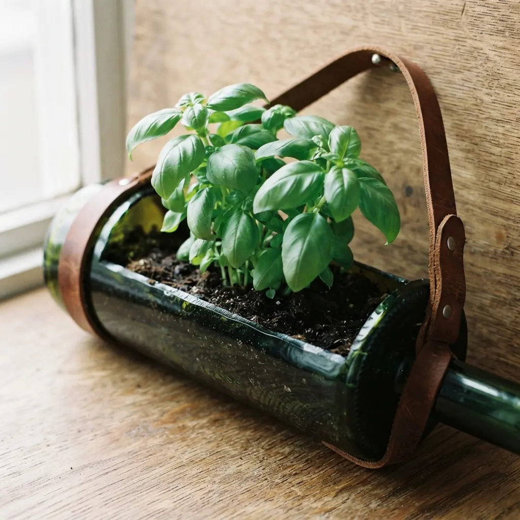 A wine bottle cut lengthwise and mounted horizontally on a wall, filled with soil and a thriving herb plant.