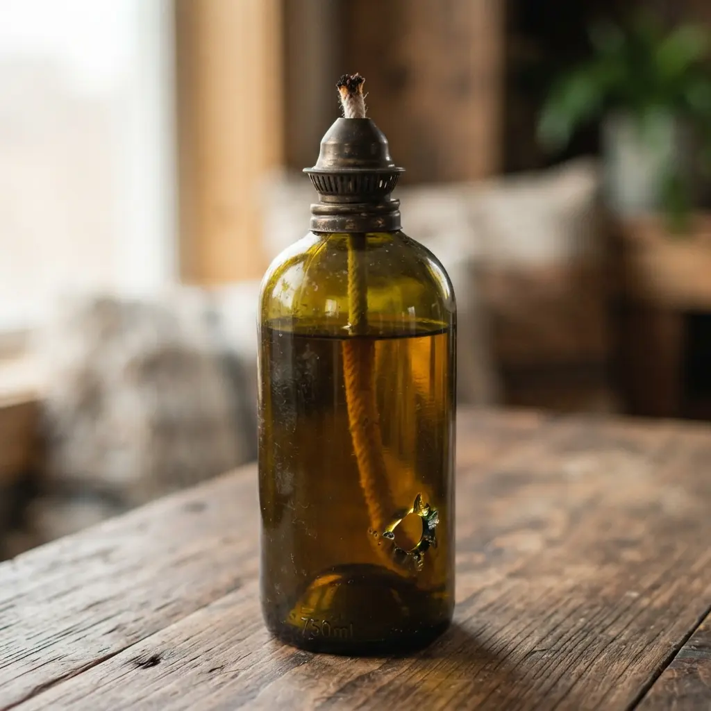 A rustic green wine bottle converted into an oil lamp with a metal wick holder and cotton wick.