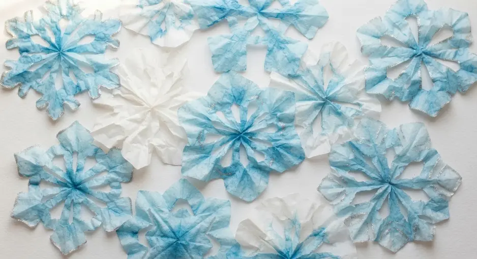 Delicate snowflakes cut from folded, painted coffee filters in blue and white.