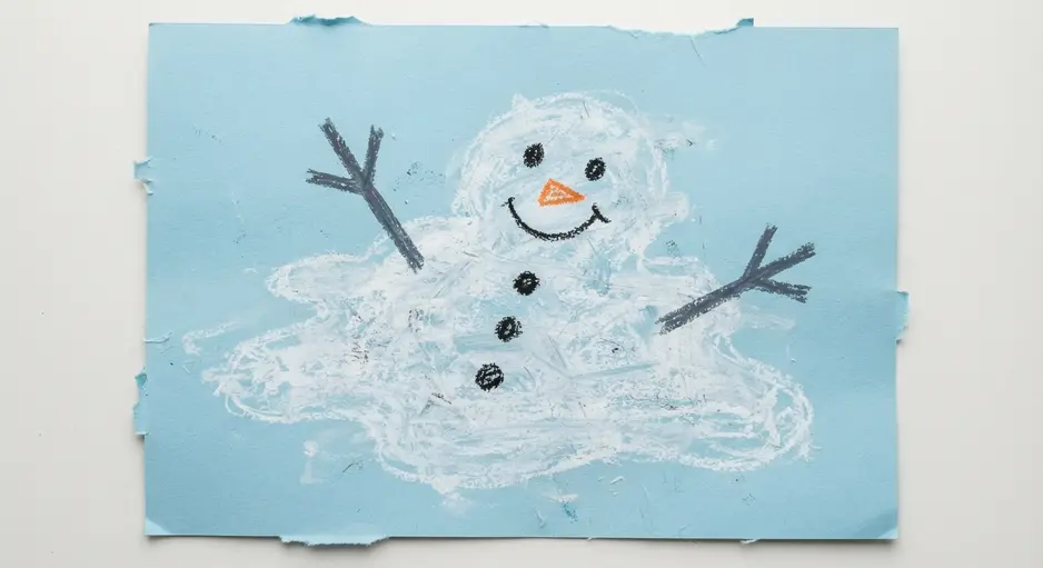 A crayon drawing of a melting snowman with twig arms on a piece of construction paper.