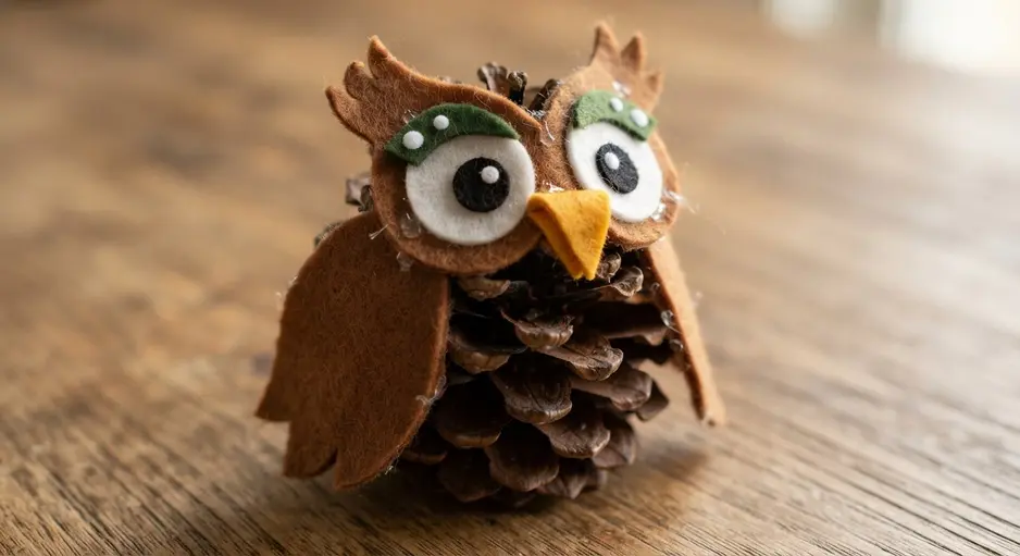 A brown pinecone decorated with layered felt circles for eyes and a beak to create an owl.