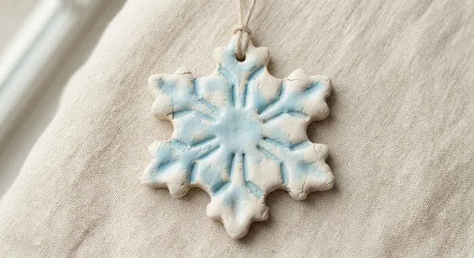 A white snowflake shape cut from salt dough, with a hole punched for hanging.