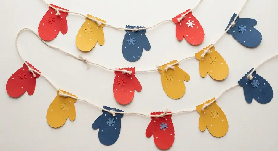 Several pairs of brightly colored paper mittens cut from construction paper and strung on a yarn garland.