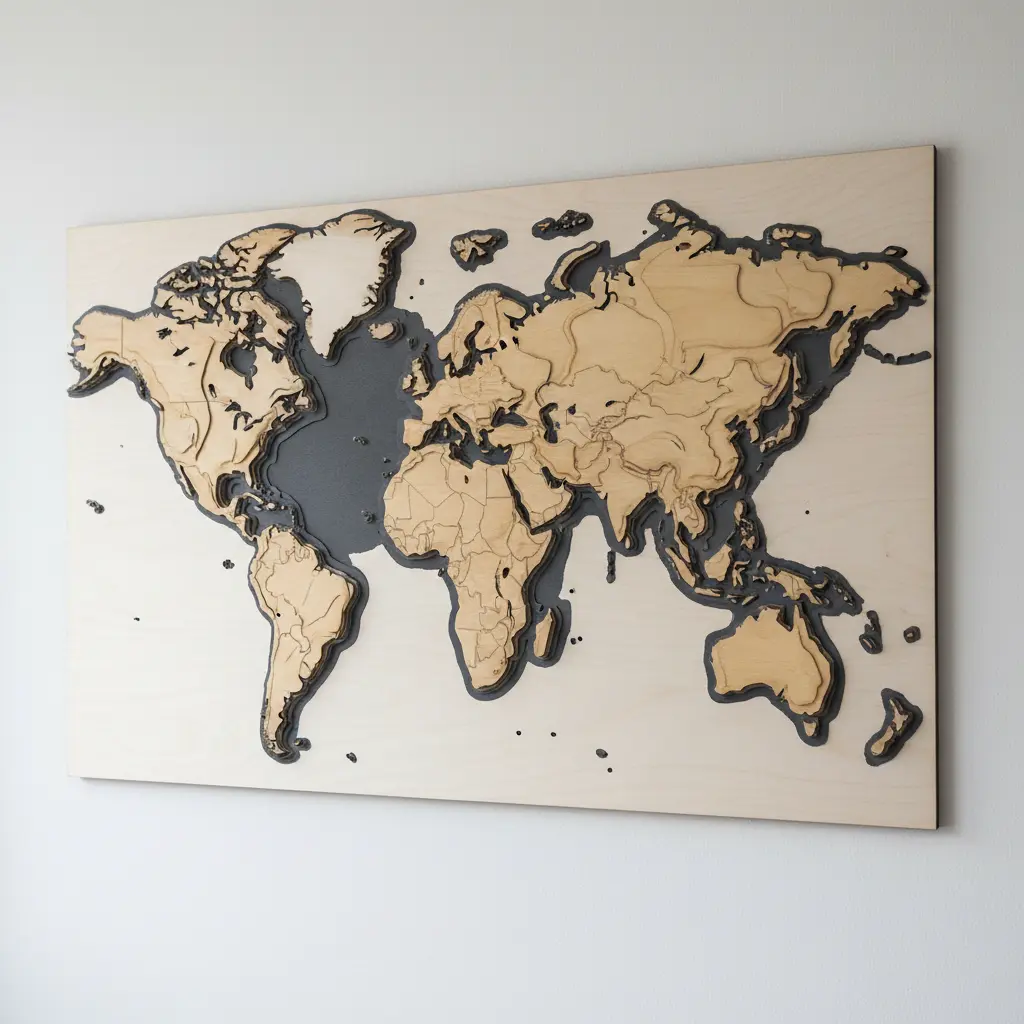 Multi-layered Baltic birch topographic map with shadow box depth, mounted on a white wall.
