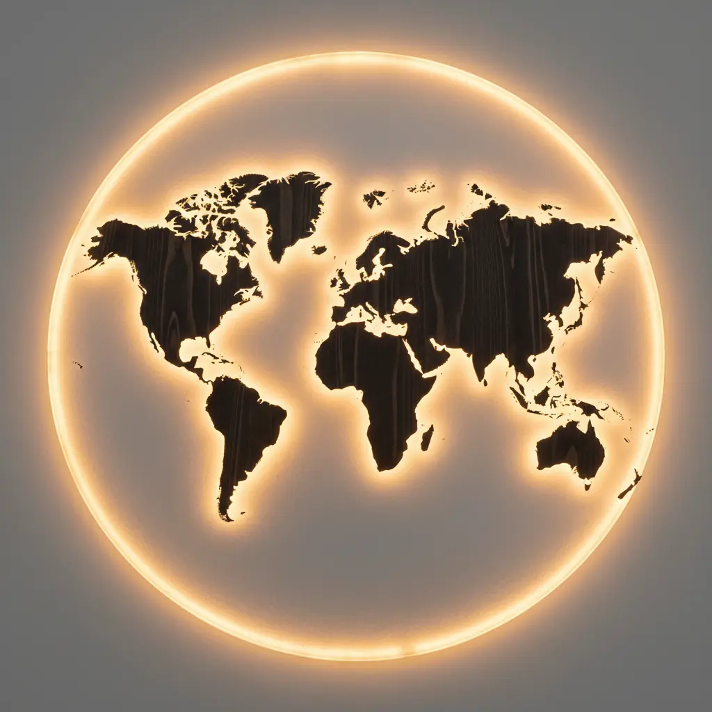 A world map mounted on backlit frosted glass, with a wooden frame and warm glowing light highlighting the continents.