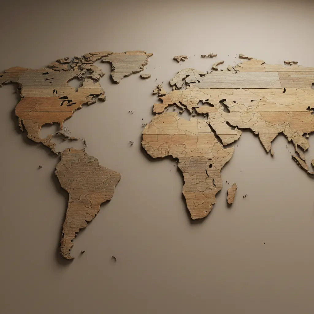 A silhouette world map cut from reclaimed pallet wood, showing varied natural tones and rough edges.