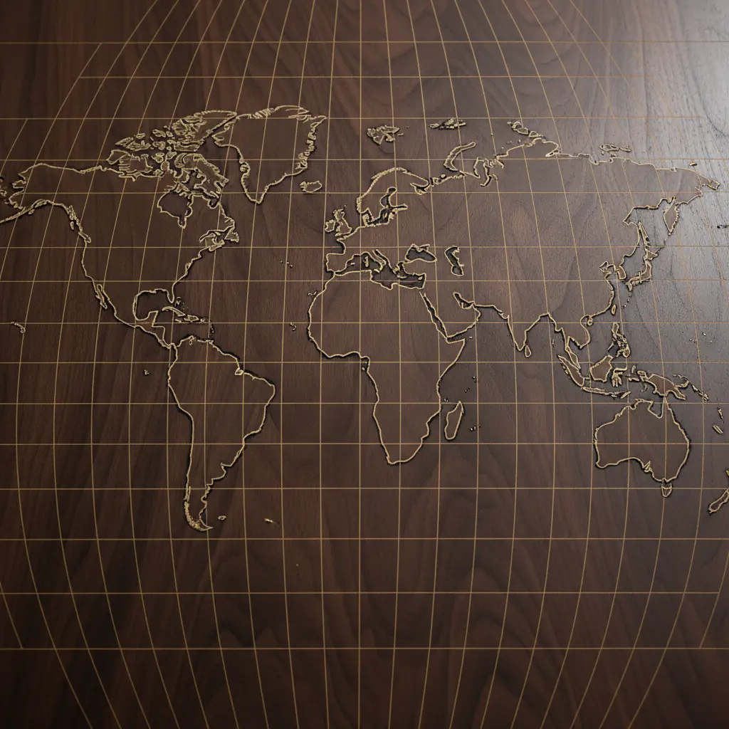 A sleek walnut wood panel with a precise laser etched outline of the world map, mounted on a light wall.