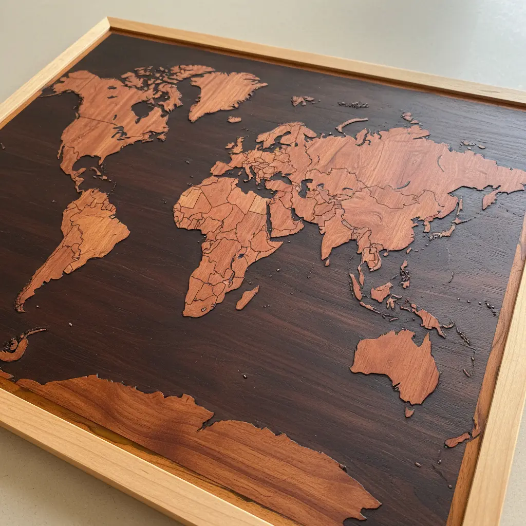 A world map wall art piece made from exotic teak marquetry, with detailed inlay work and varied wood tones.