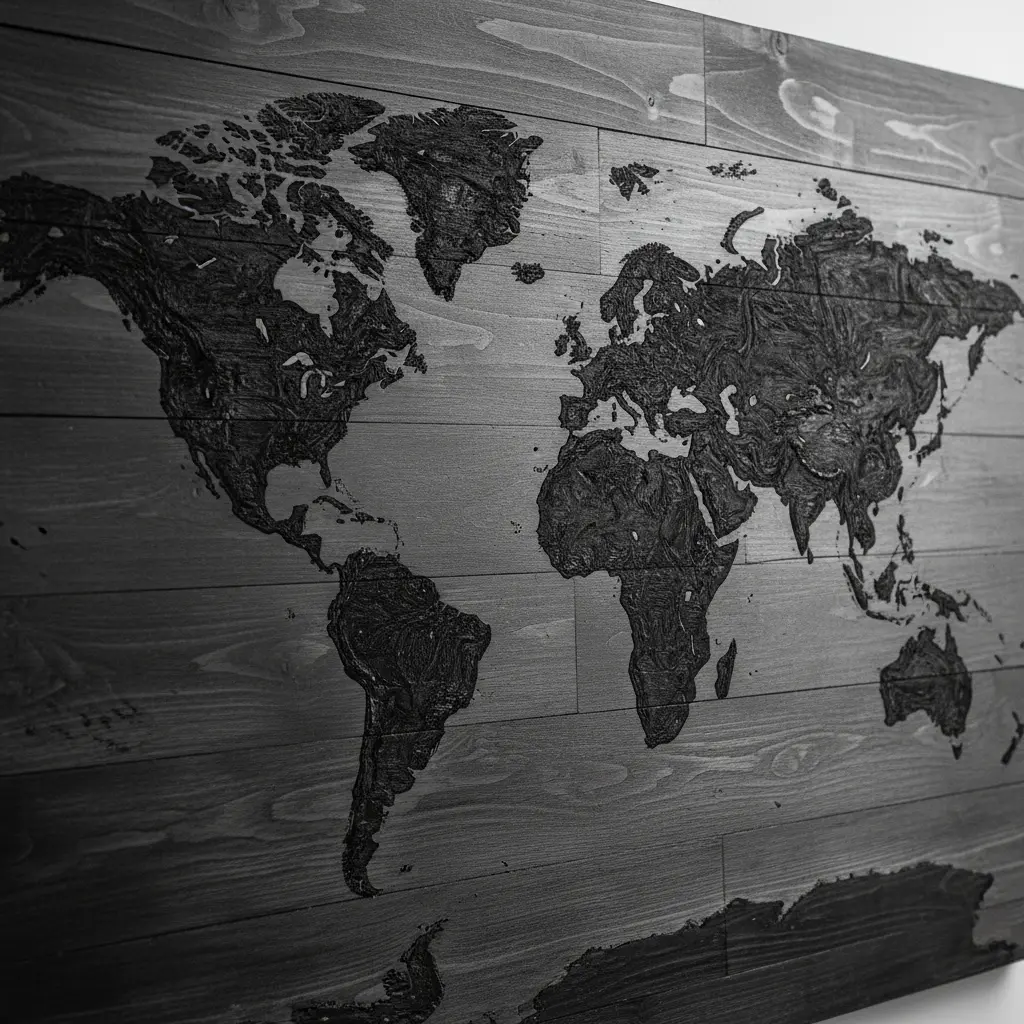 A charred wood world map using the Shou Sugi Ban technique, with a deep black finish and visible wood grain.