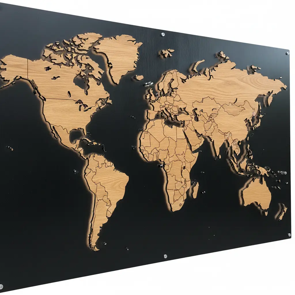 A wooden world map floating on a black steel backing, with industrial metal hardware and a dark contrasting wall.