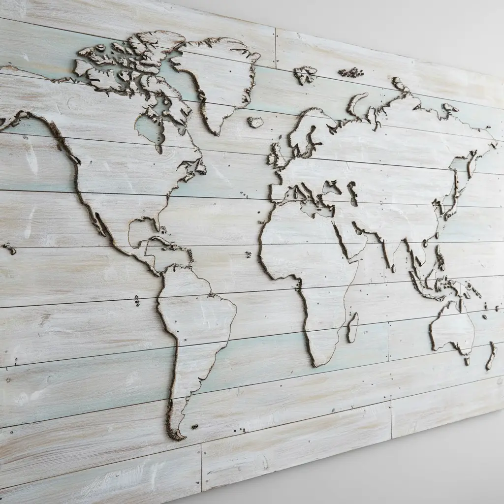 A world map painted on distressed whitewash planks, with a soft coastal farmhouse look and visible brush strokes.