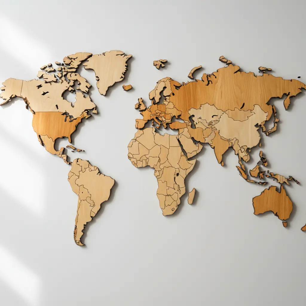 An interlocking wooden world map puzzle mounted on a wall, with removable continent pieces and vibrant wood stains.