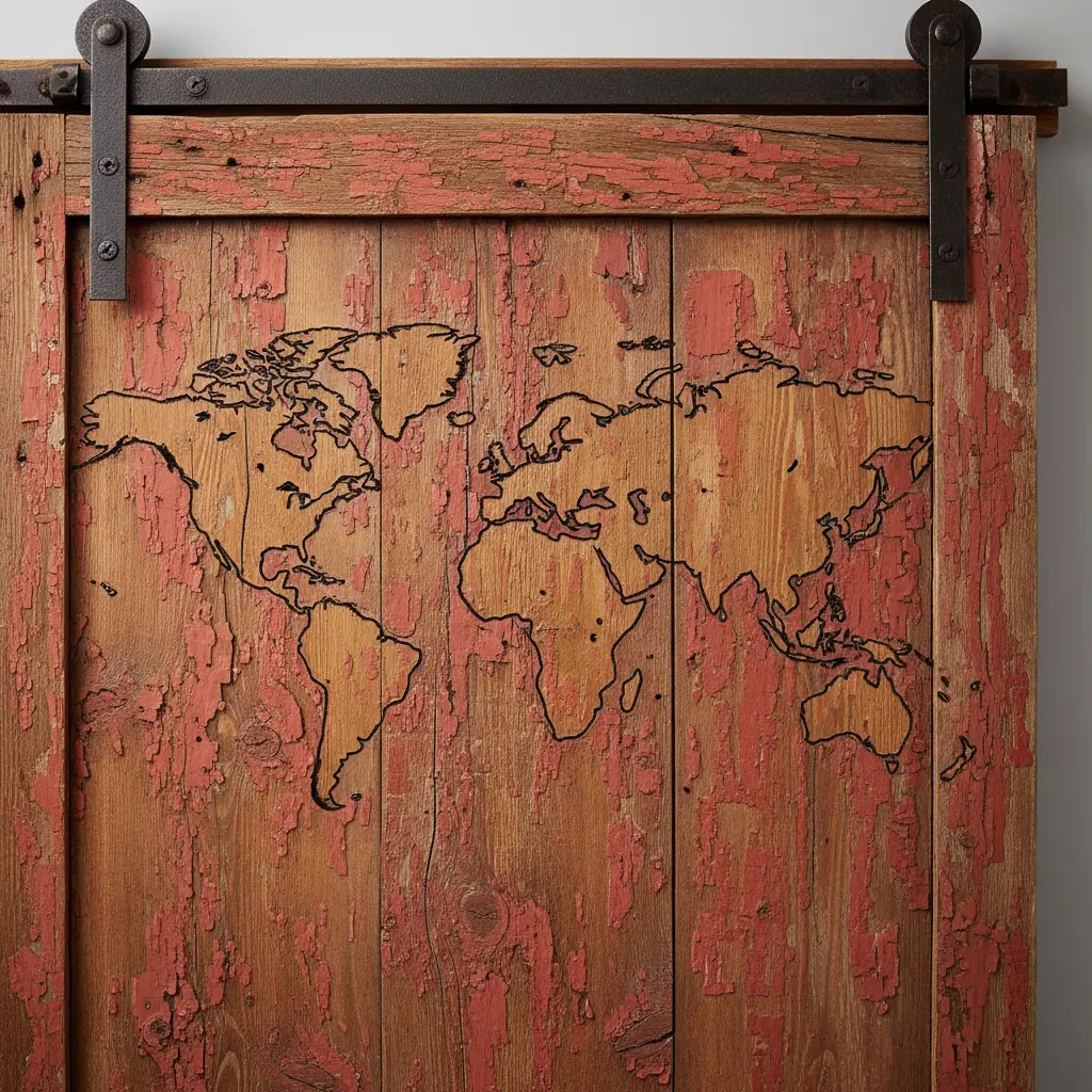 A world map crafted from a reclaimed barn door panel, featuring sliding hardware and a weathered wood finish.