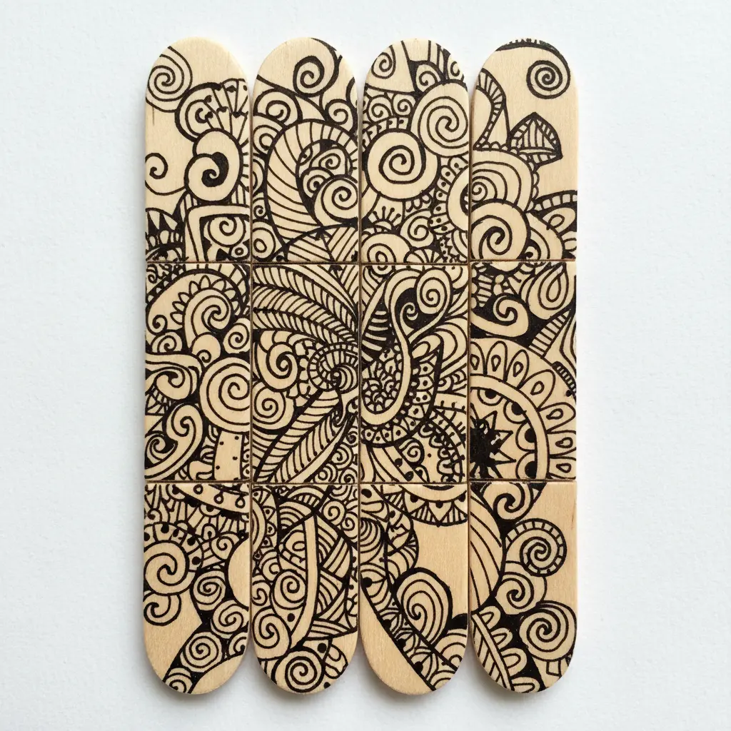 Four wooden popsicle sticks taped together with high-contrast black ink geometric spirals drawn across all sticks.