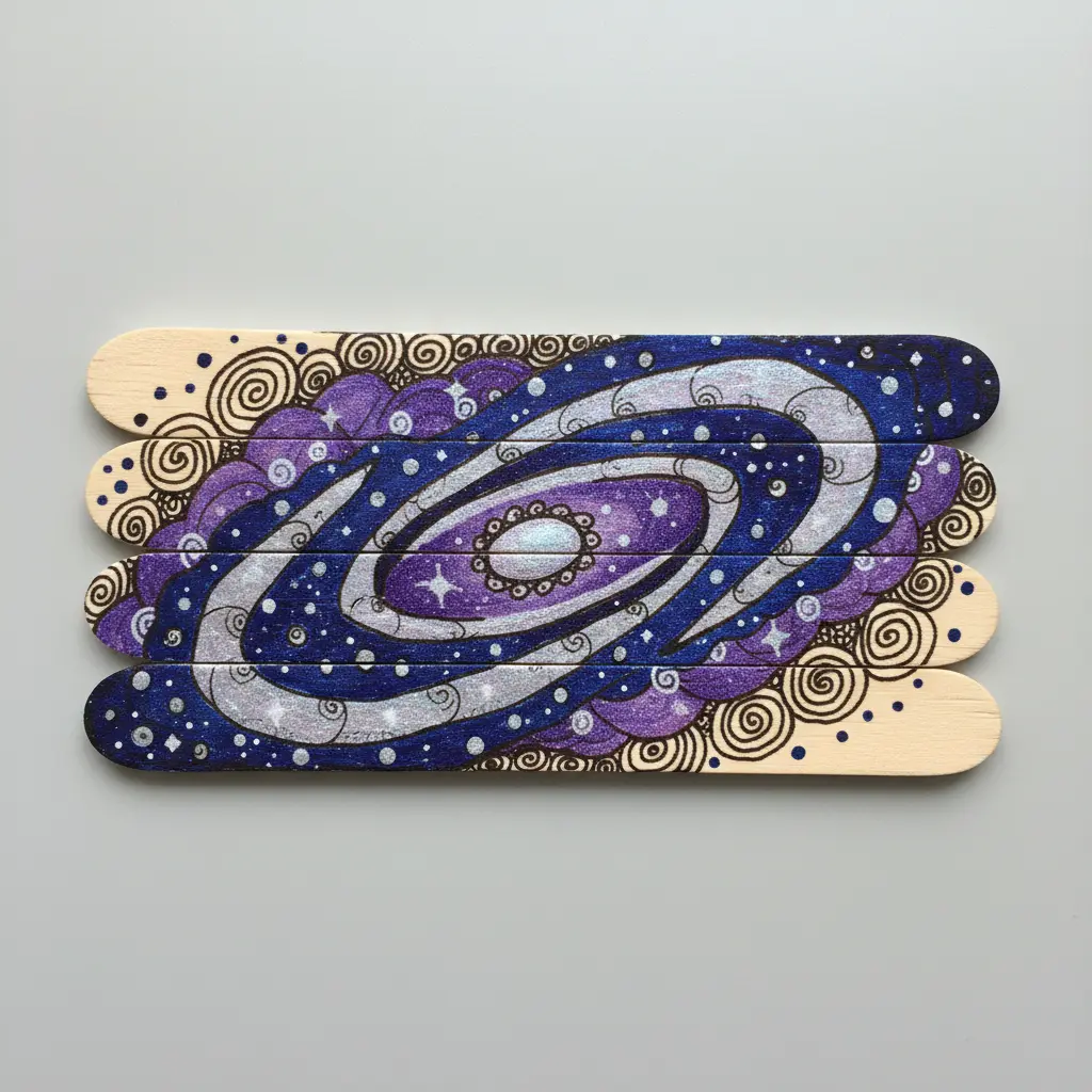 A galaxy nebula zentangle puzzle with black ink spirals and tiny gel pen dots across six aligned craft sticks.