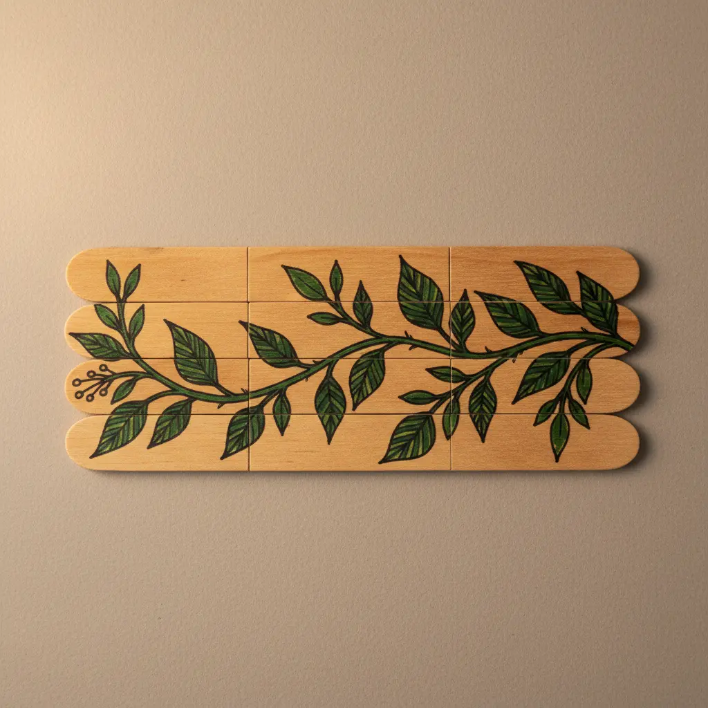 Closeup of a popsicle stick puzzle featuring delicate black ink floral vine and leaf tangles.