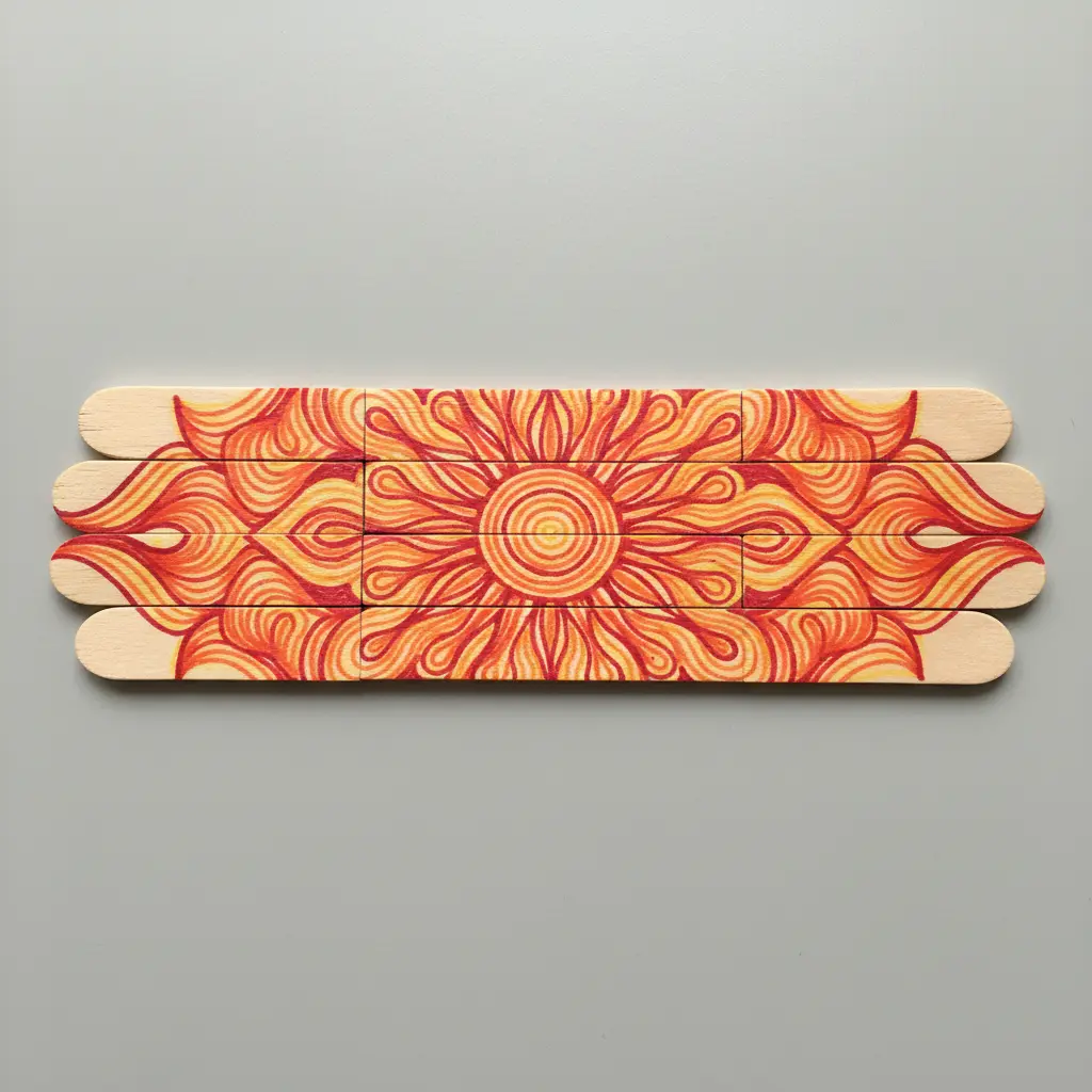 A colorful abstract sunburst design with concentric lines drawn across six aligned popsicle sticks.