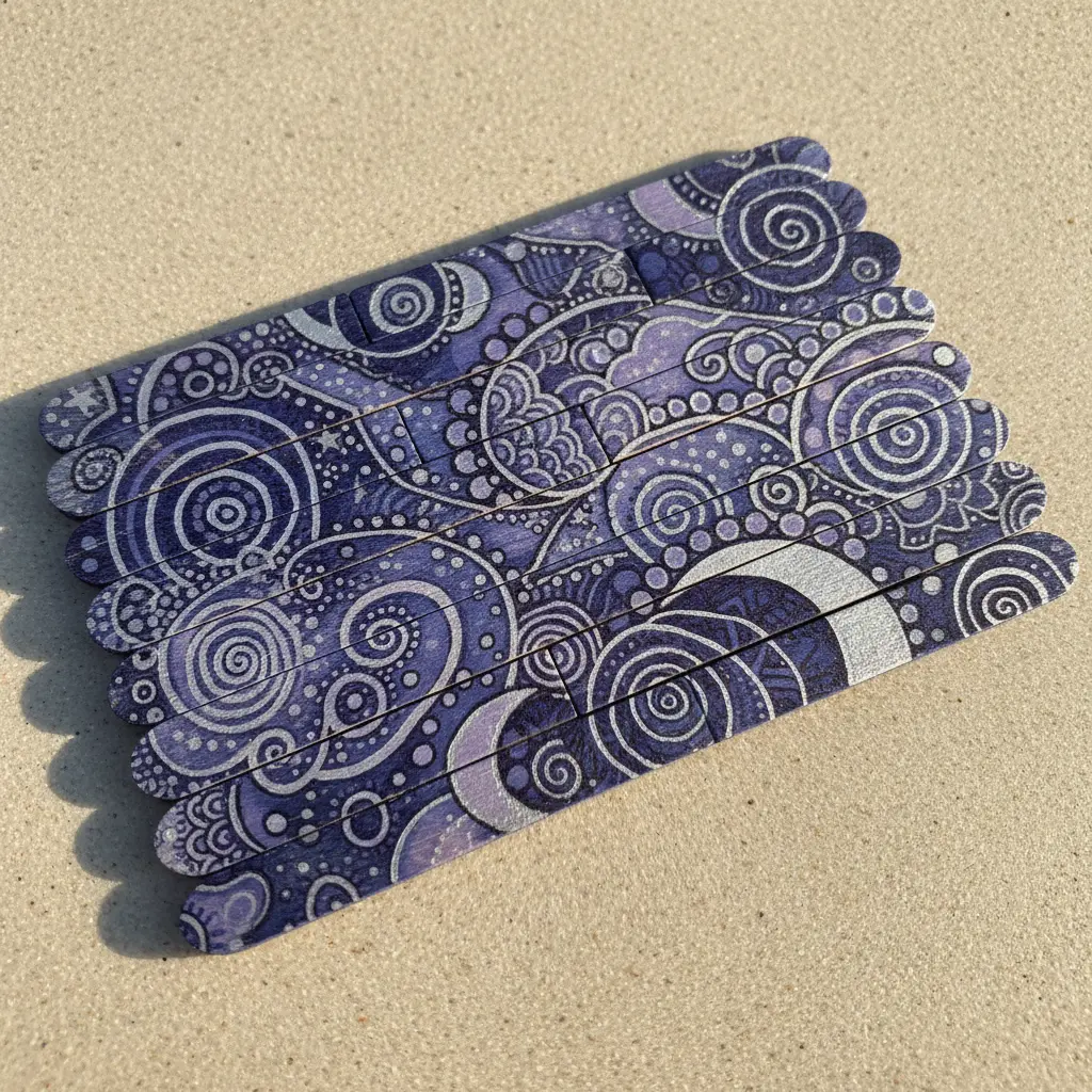 Popsicle stick puzzle showing a whimsical night sky pattern with scattered stars and swirling tangles.
