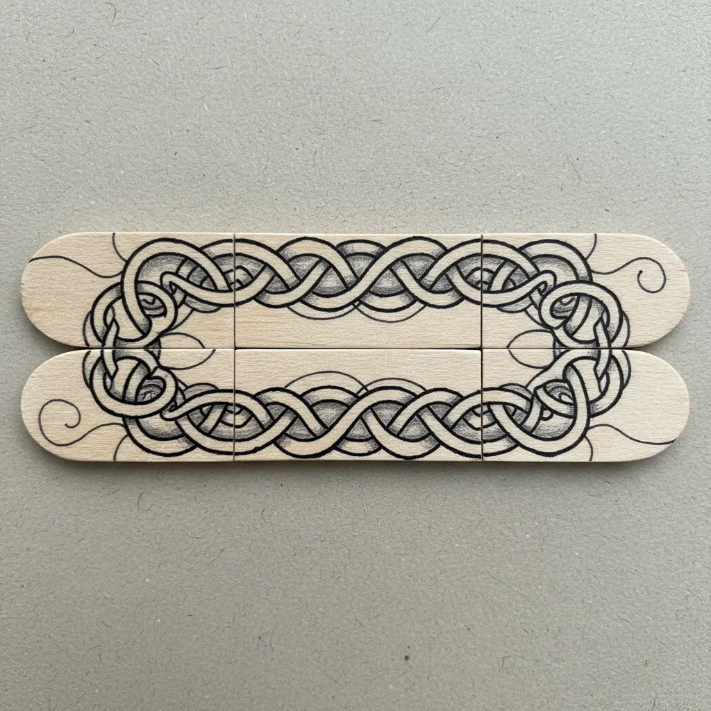 Four popsicle sticks aligned to reveal an intricate black ink Celtic knotwork continuous line design.