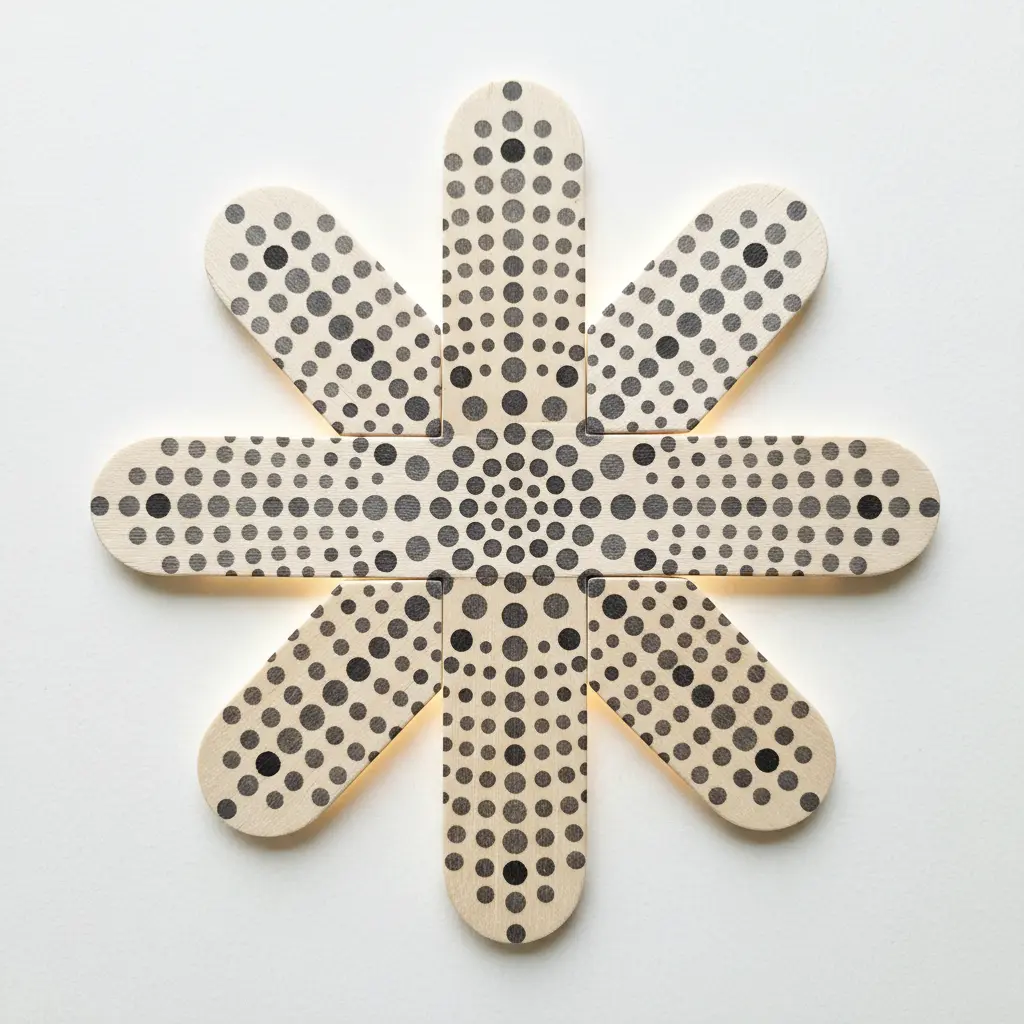 A simple mandala formed by evenly spaced polka dots drawn in black ink across five aligned wooden sticks.