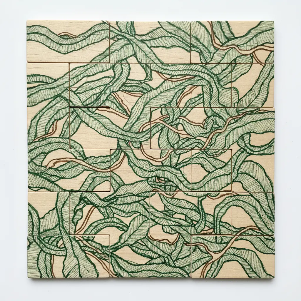 Popsicle stick puzzle featuring flowing black ink leaf vein patterns with fine cross-hatching details.