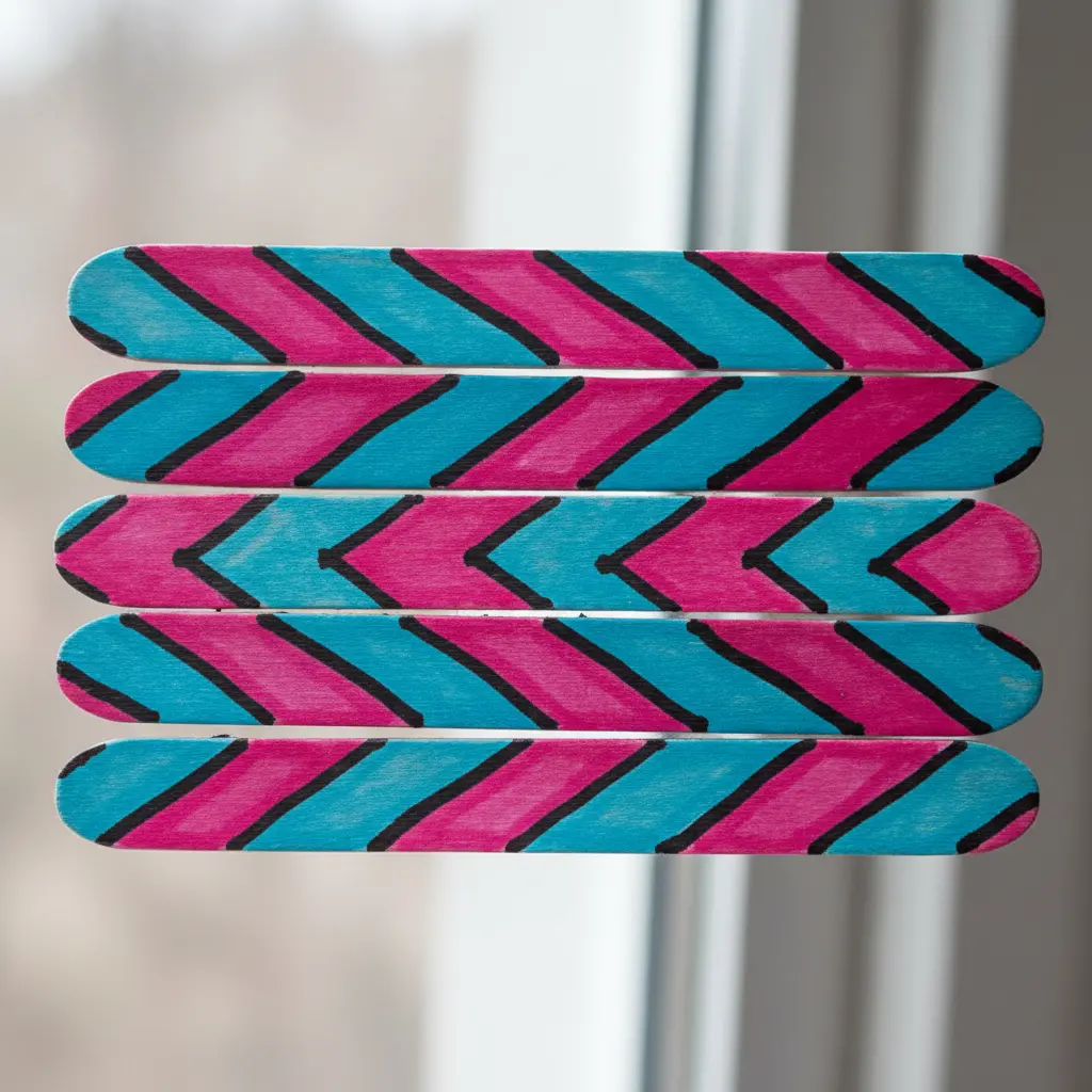 Five wooden sticks side by side showing a vibrant black and colored chevron pattern with zigzag tangles.
