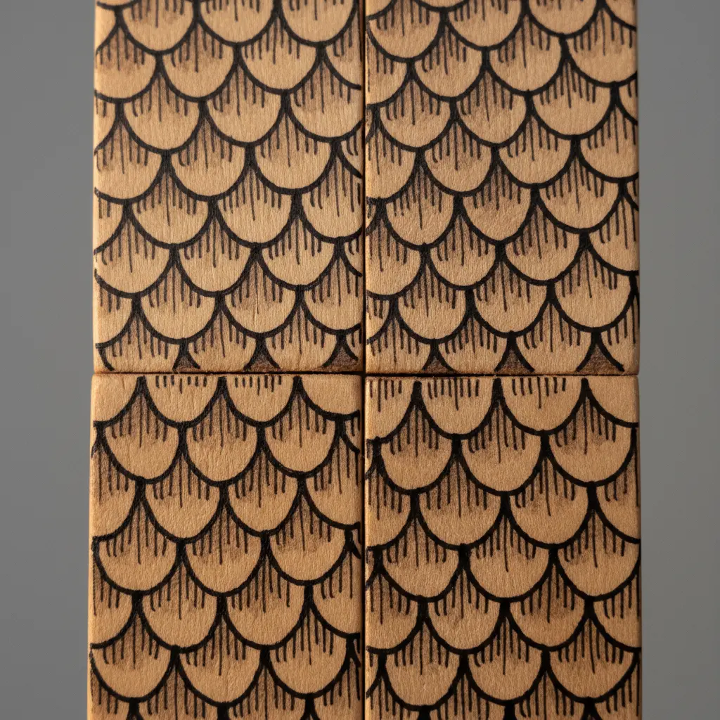 Closeup of a popsicle stick puzzle with tiny overlapping scale shapes drawn in black fineliner ink.